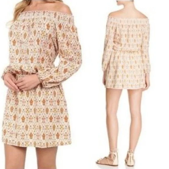 Sanctuary Elle Off Shoulder Boho Orange and Cream Print Dress Size L - Picture 3 of 12
